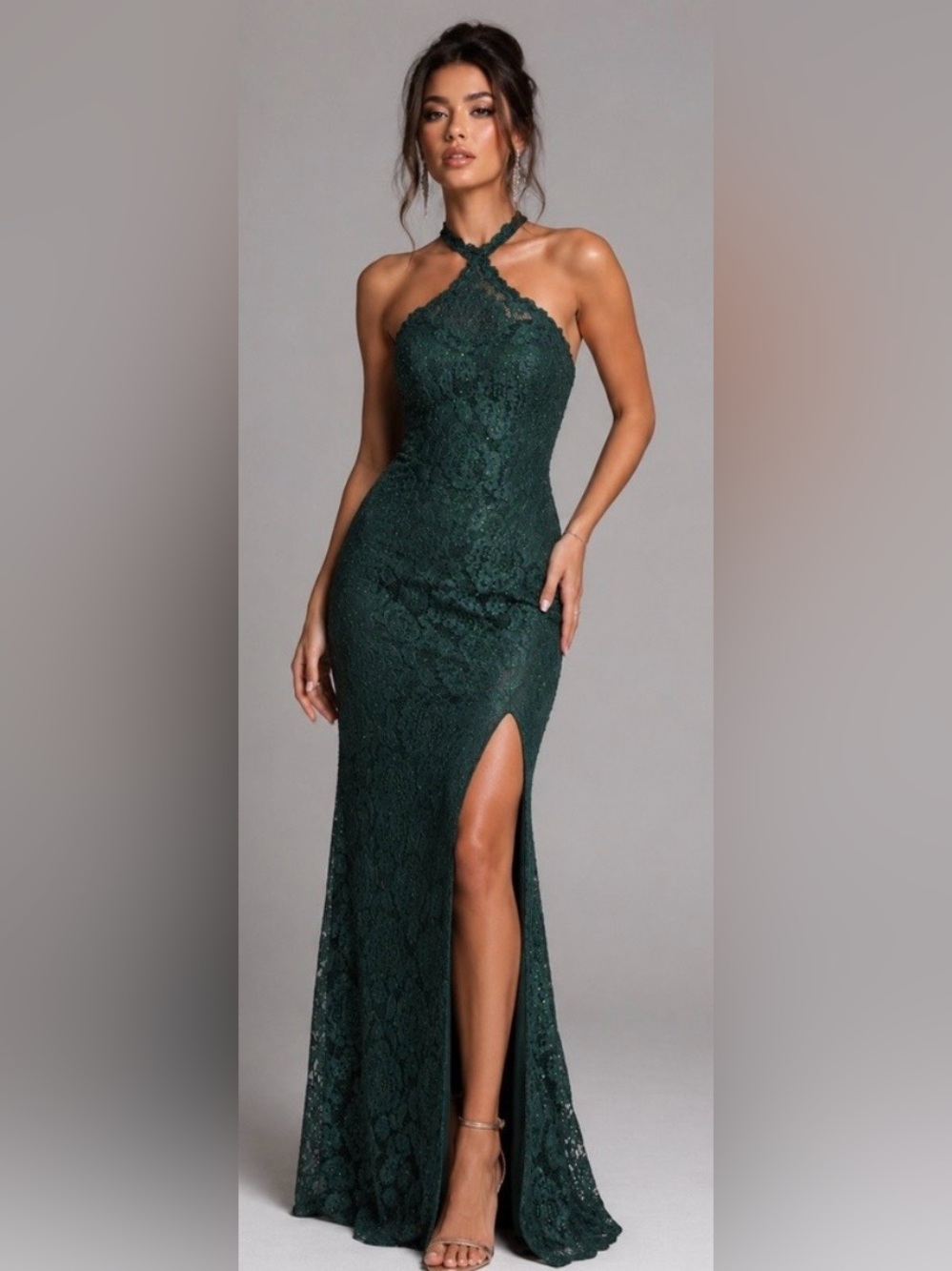 Elegant Dark Green Lace Evening Dress with Thigh Slit